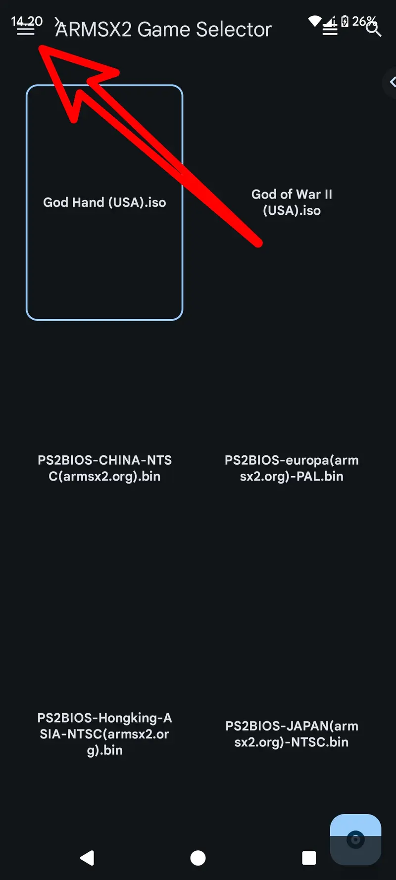 Step 1: Opening the sidebar menu in the ArmSX2 app