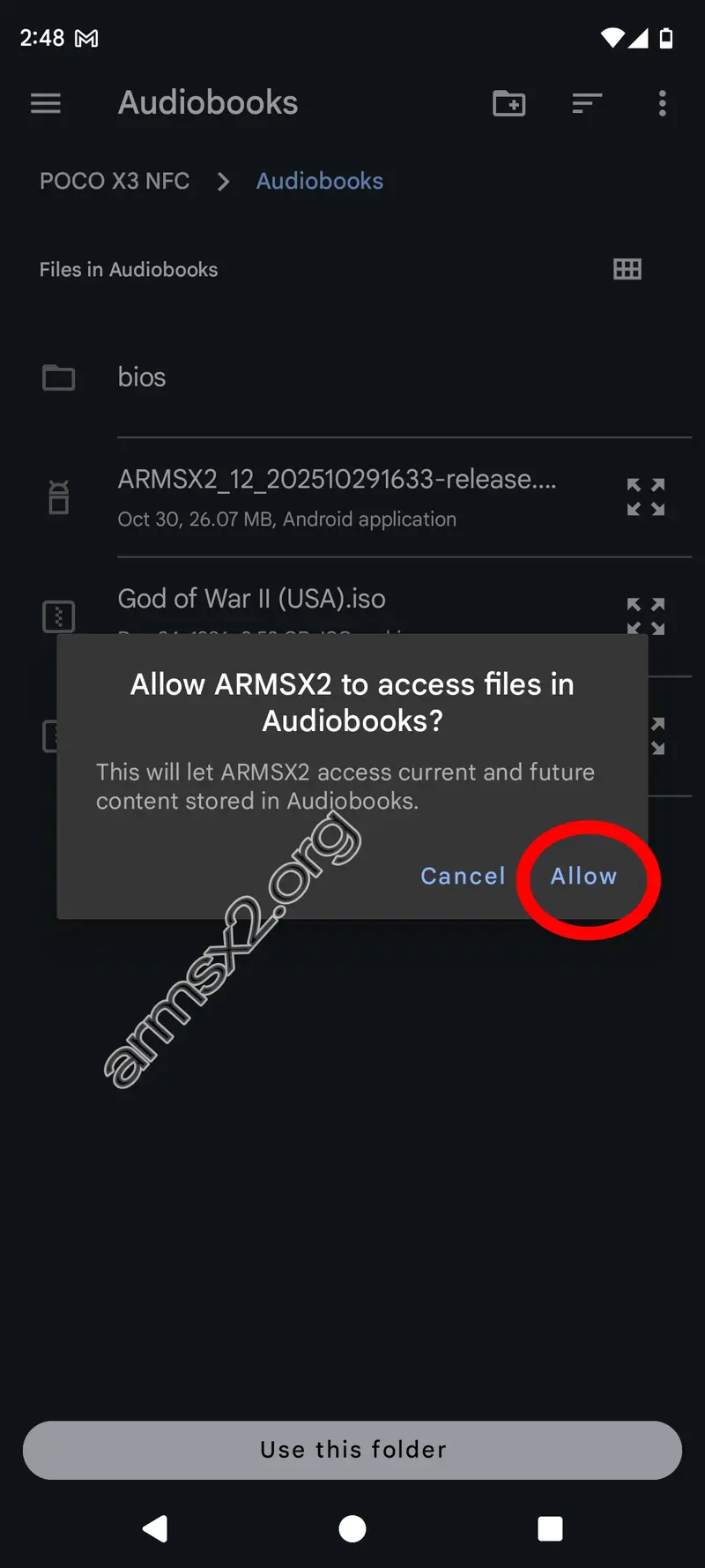Step 11 of setting up ArmSX2: Giving the app permission to access files