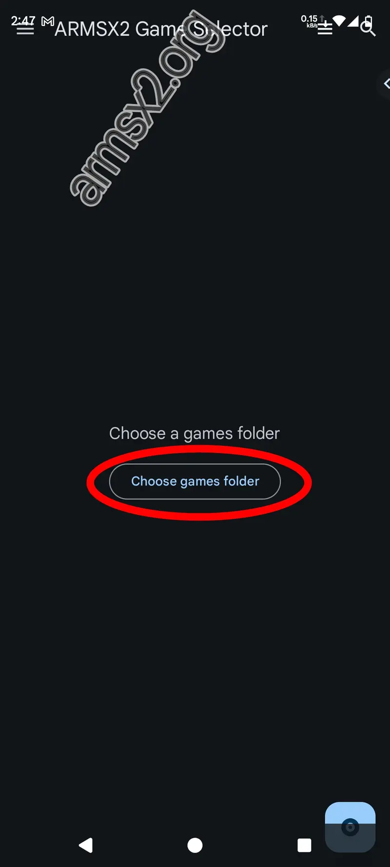 Step 9 of setting up ArmSX2: Click the Choose games folder button.