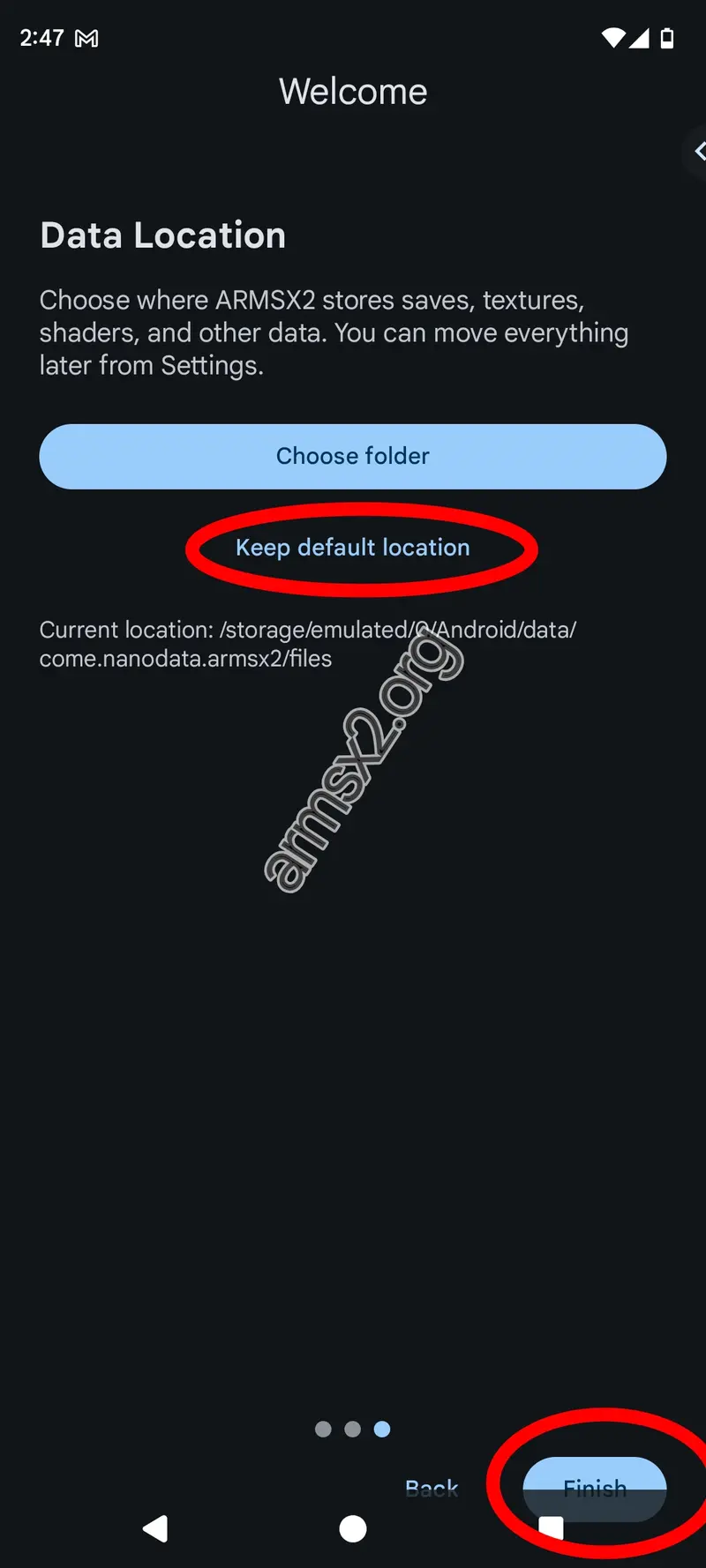 Step 8 of setting up ArmSX2: Choosing the default location for data