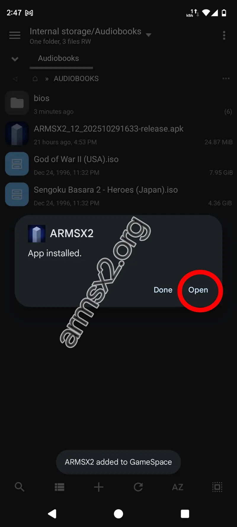 Step 3 of setting up ArmSX2: Opening the app after it has been installed
