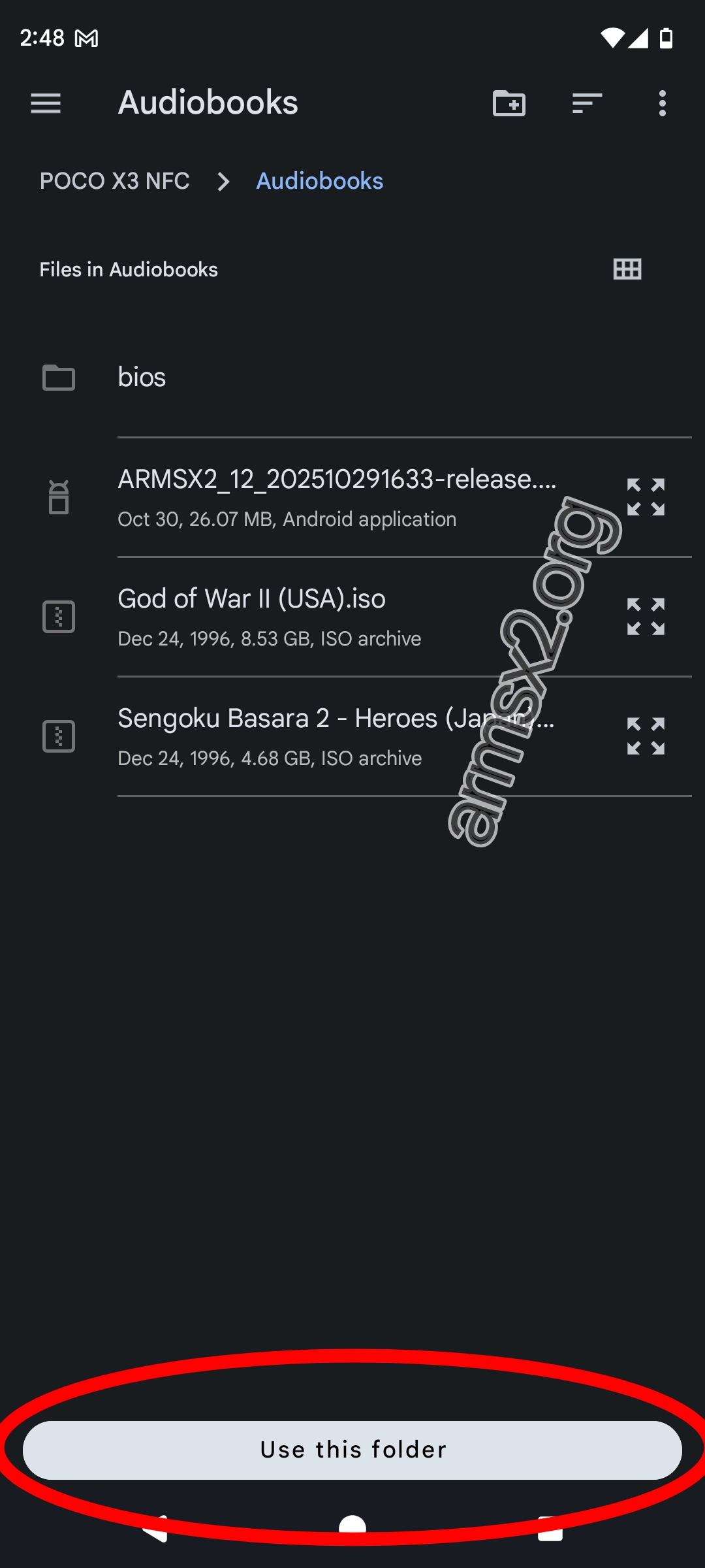 Step 10 of setting up ArmSX2: Confirming the 'Use this folder' action