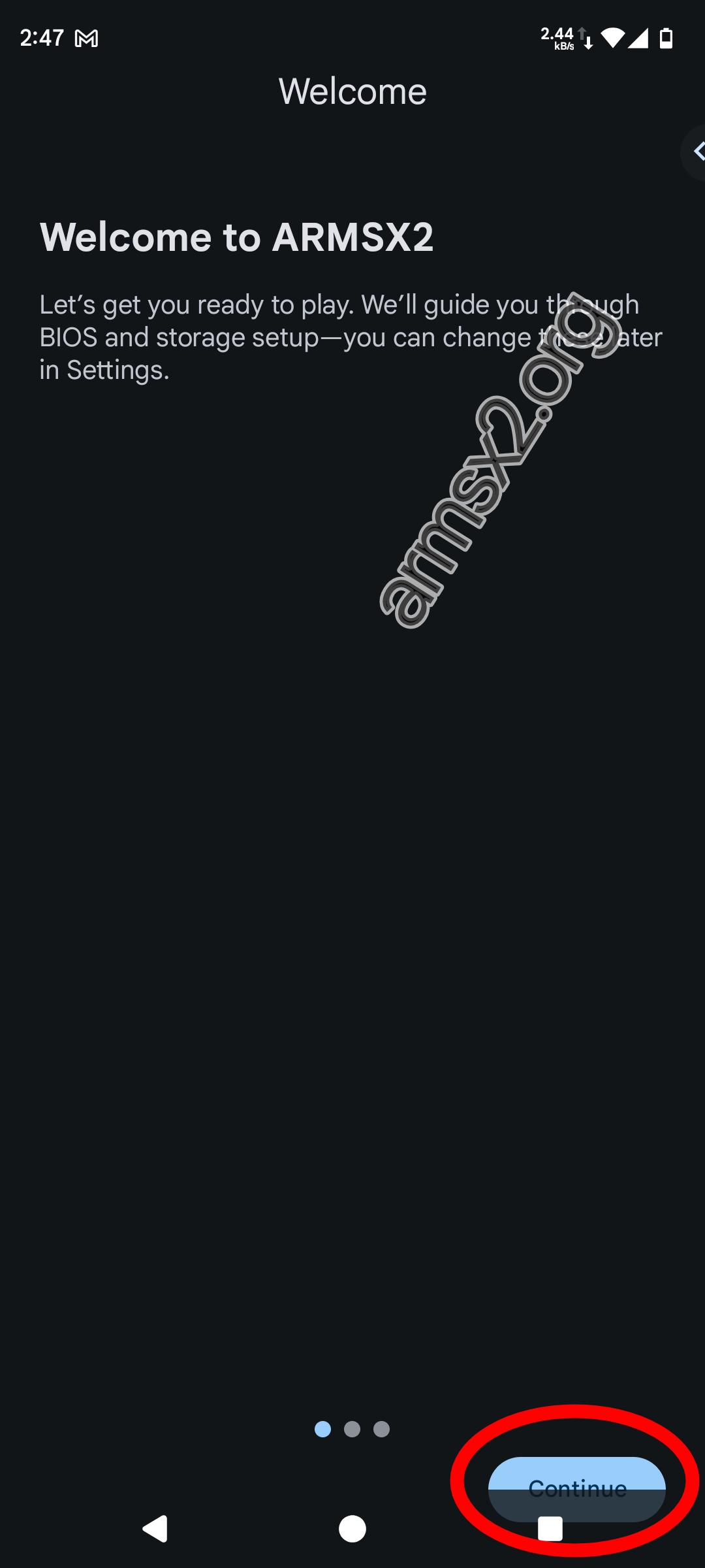 Step 4 of setting up ArmSX2: Welcome page